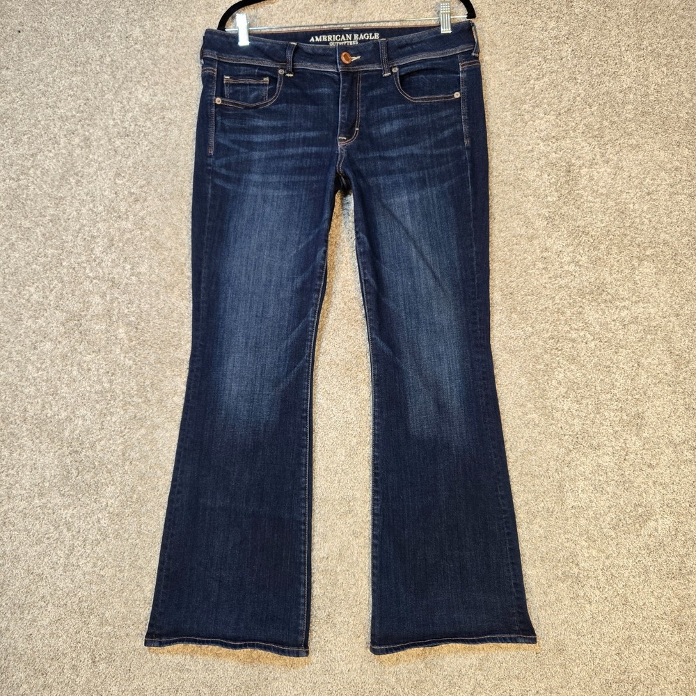 AMERICAN EAGLE jeans Women's 12 (34x29) Kick Boot Denim Blue dark wash stretch